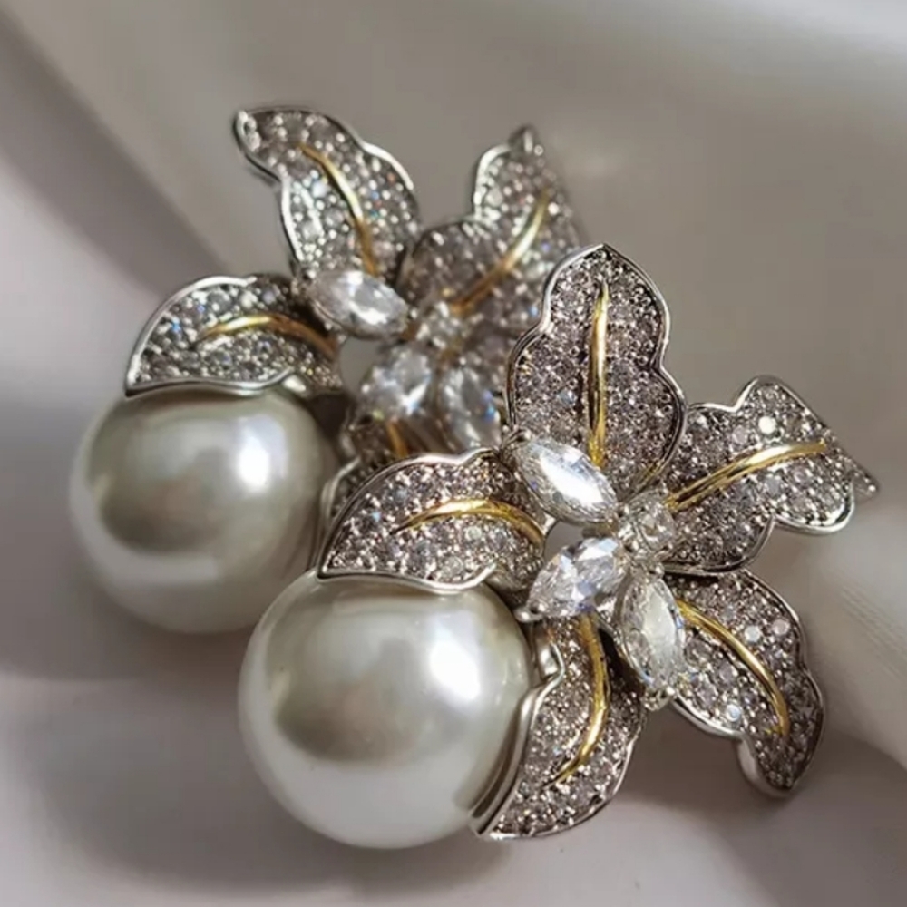 STUNNING orchid flower pearl earrings statement silver gold Crystal stones Stud - Picture 5 of 11